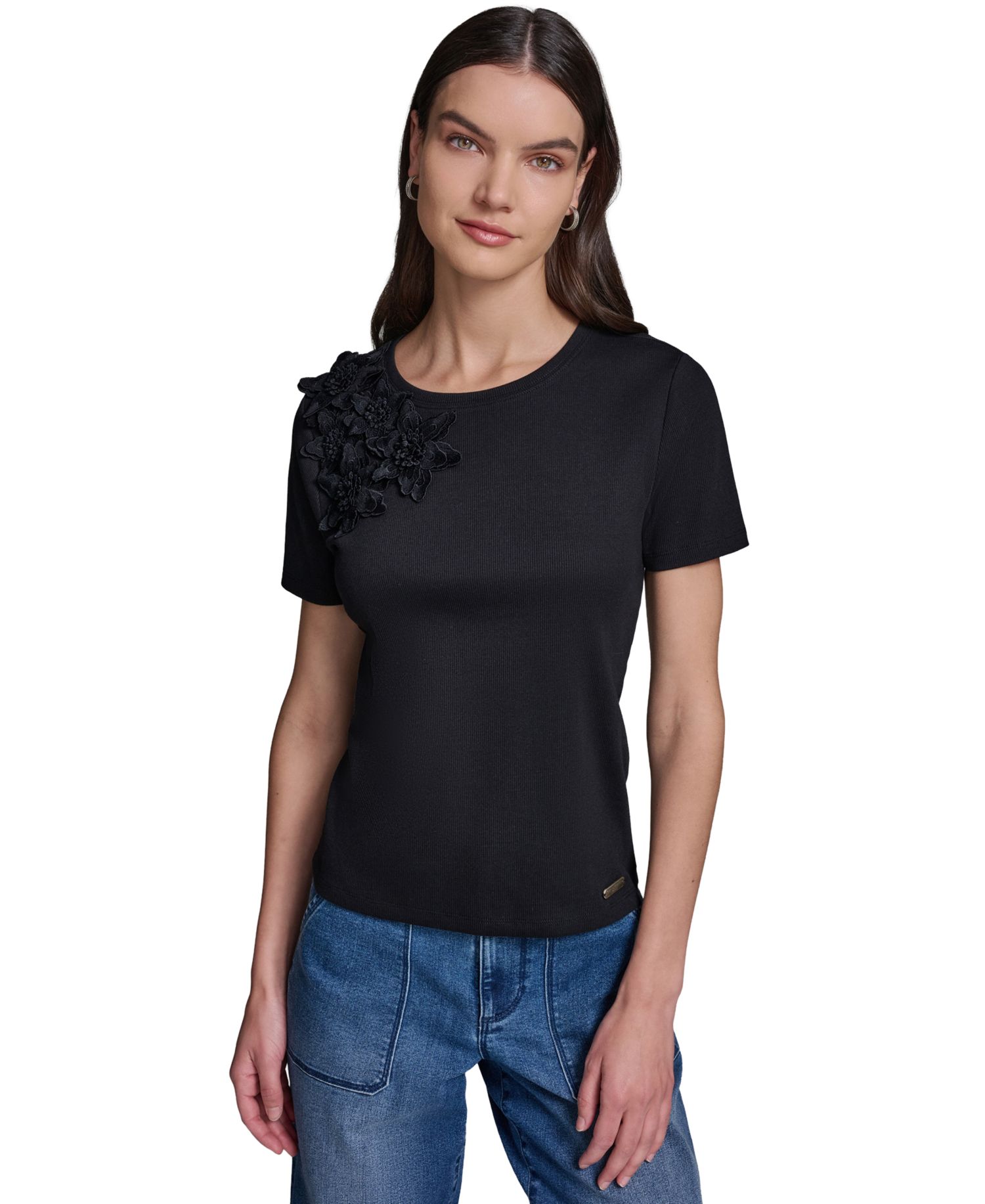 Women's Floral Applique Short-Sleeve Rib Knit Top