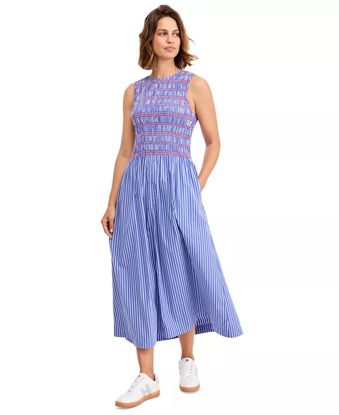 Women's Cotton Smocked Striped Maxi Dress
