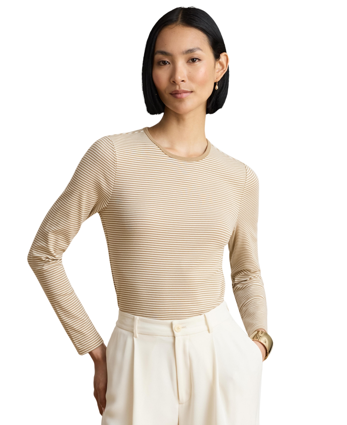 Lauren Ralph Women's Striped Long-Sleeve Rib-Knit T-Shirt