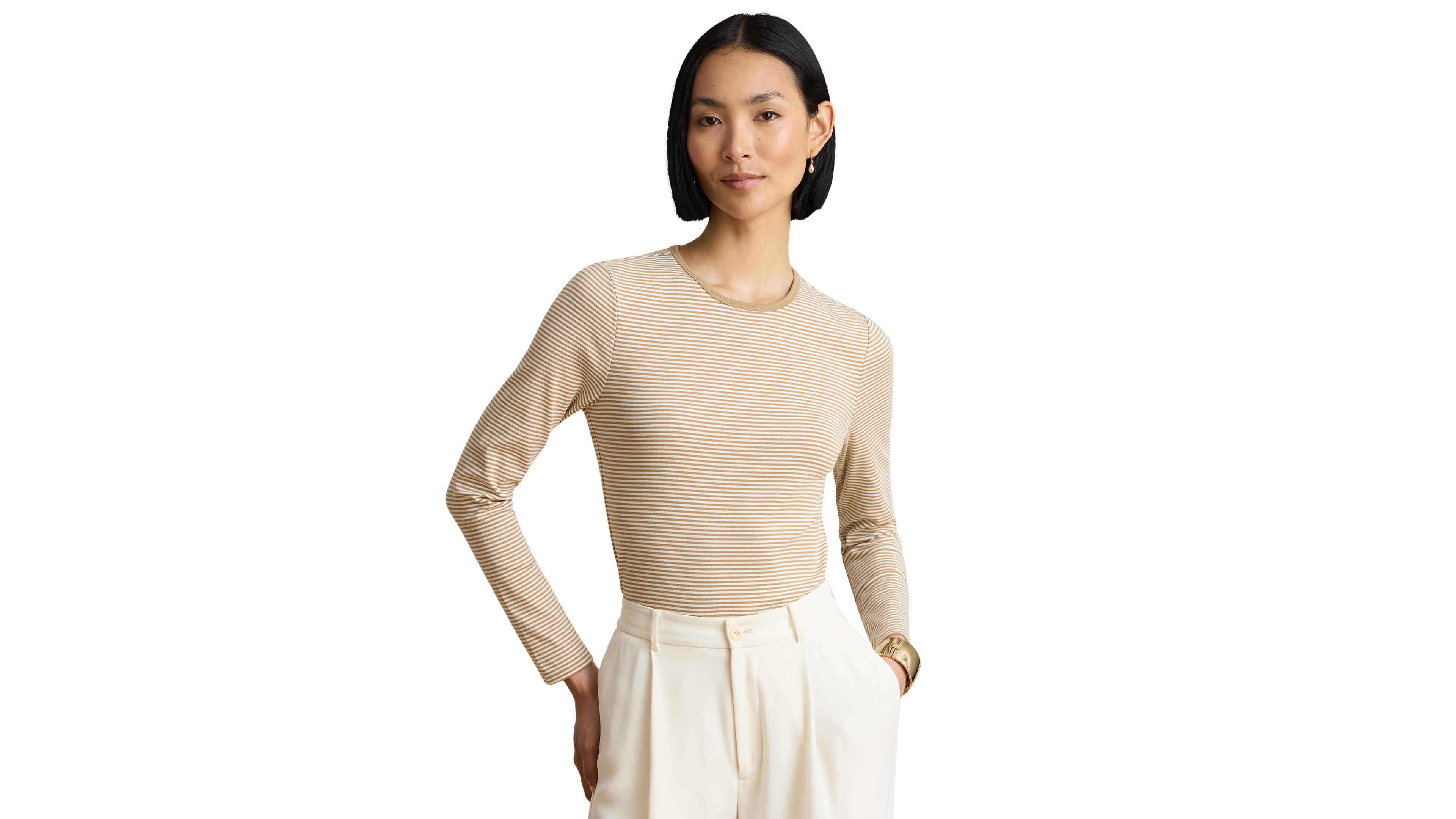 Lauren Ralph Women's Striped Long-Sleeve Rib-Knit T-Shirt