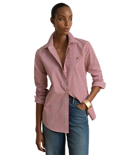 Женская рубашка Lauren Ralph Lauren Striped Long-Sleeve Button-Down, цвет: Бордовый / Белый