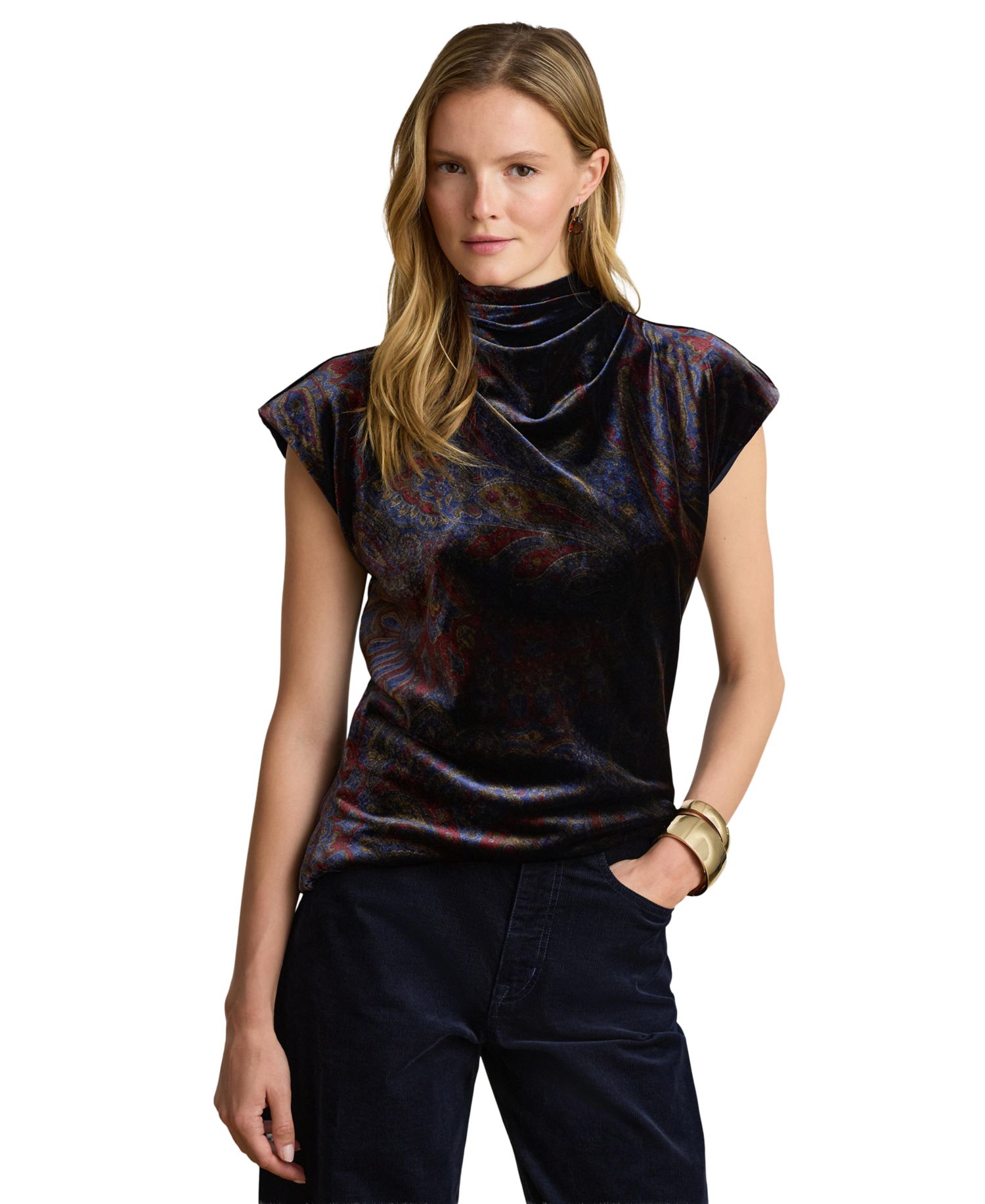 Women's Paisley-Print Velvet Mockneck Blouse