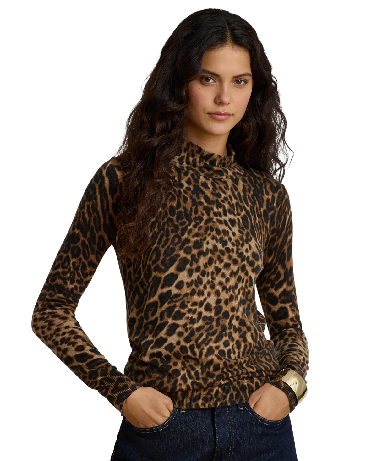 Lauren Ralph Women's Ocelot Print Long-Sleeve Mock Neck Top