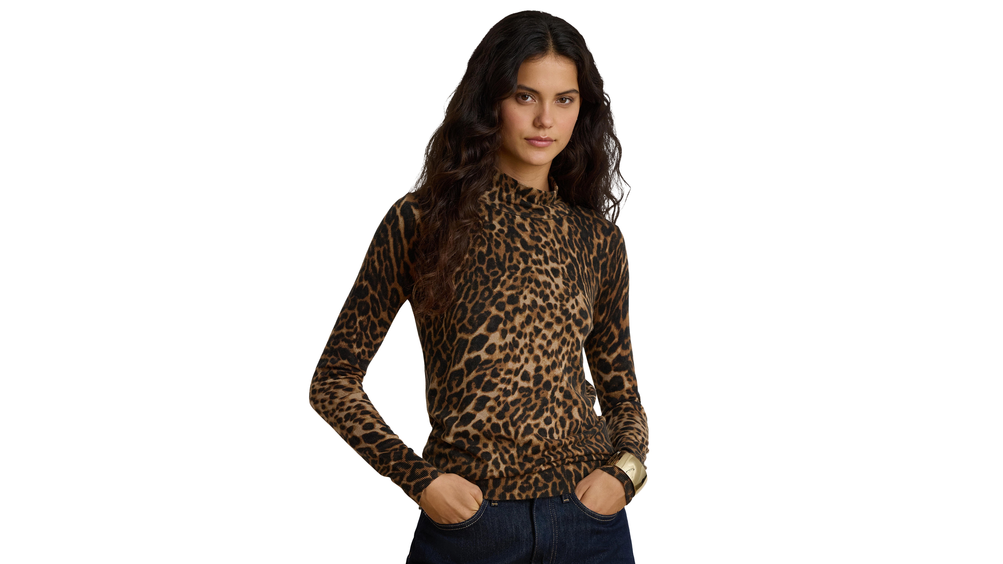 Lauren Ralph Women's Ocelot Print Long-Sleeve Mock Neck Top