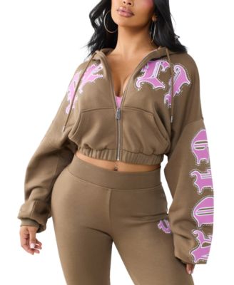 Women's Crystal Patched Relaxed Zip Hoodie Sweatshirt