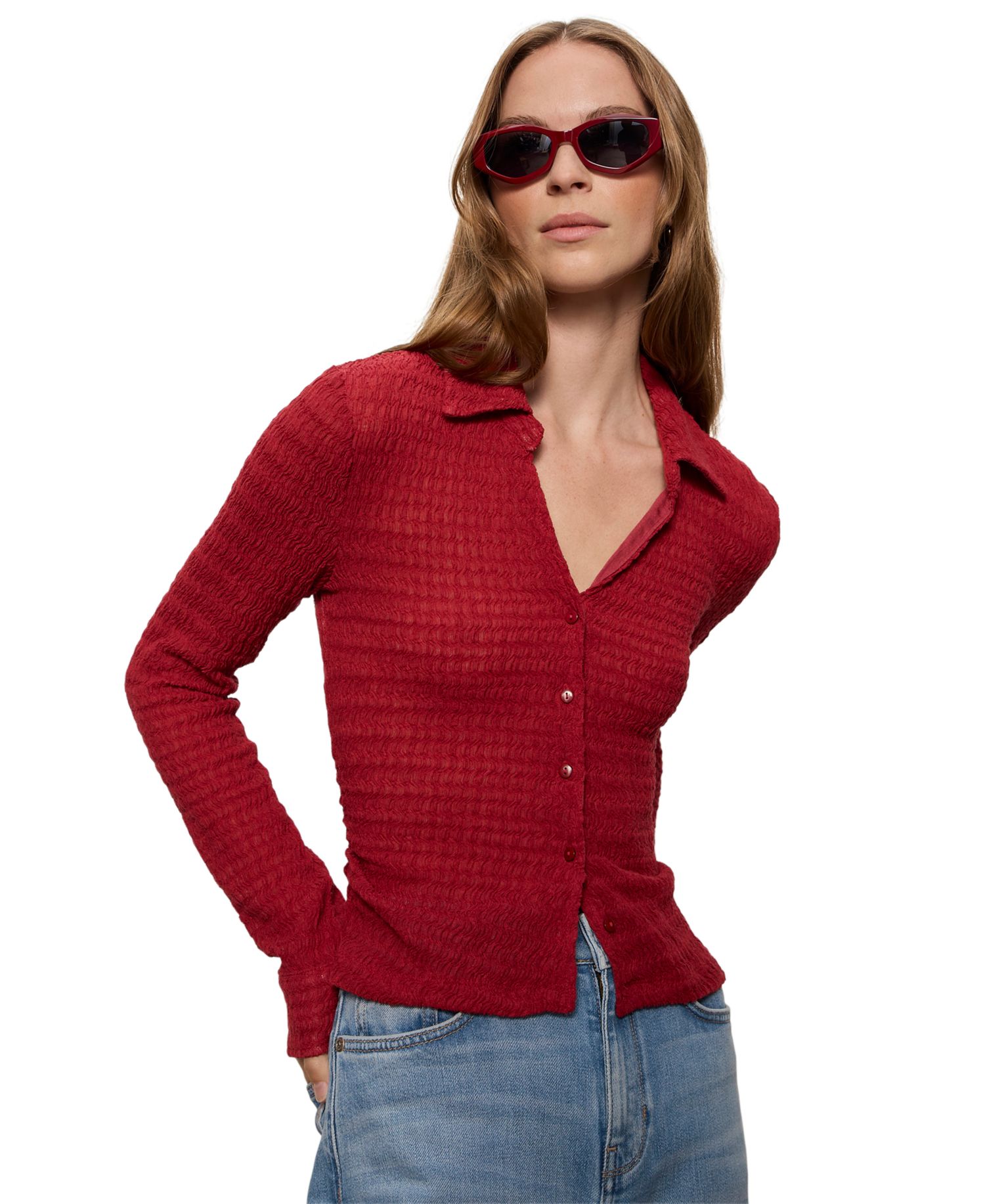 Petite Juno Textured Long-Sleeve Spread Collar Shirt