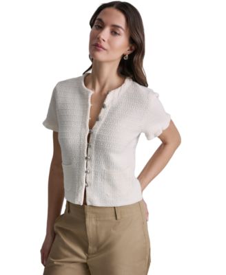 Women's Tweed Short-Sleeve Cropped Cardigan Sweater