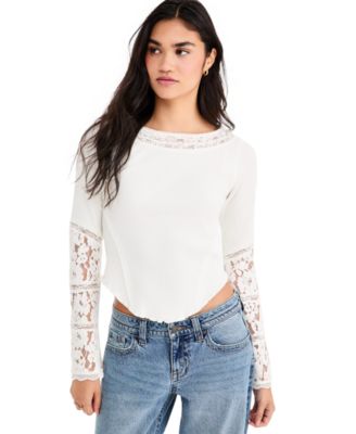 Women's Amber Lace Cuff Boat-Neck Smocked Cotton-Blend T-Shirt