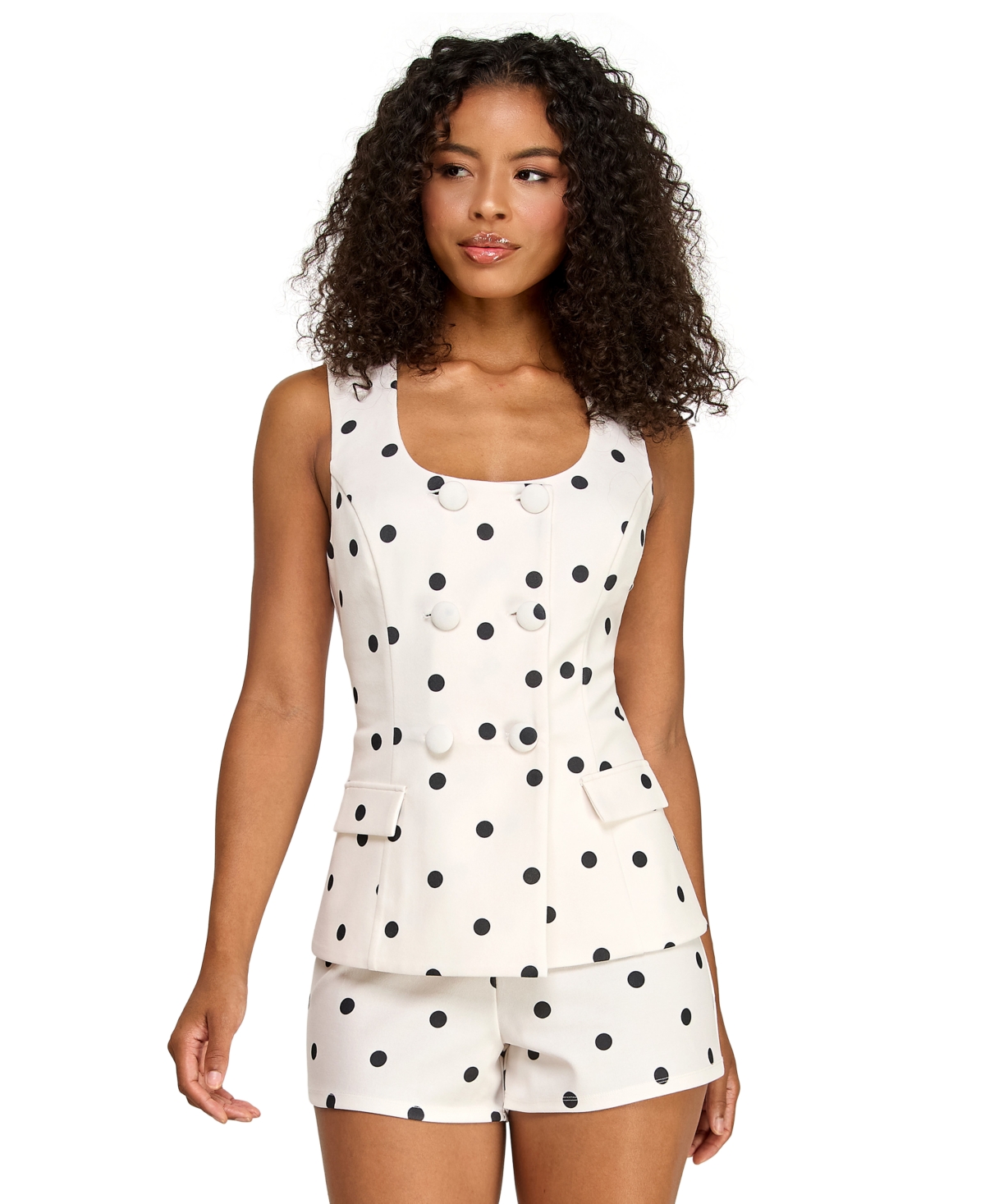 pear culture Juniors' Polka Dot Tailored Button-Front Romper