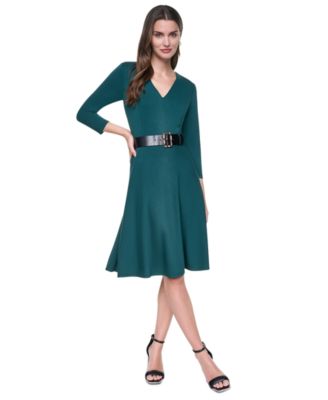 Petite Long-Sleeve V-Neck Knee-Length Fit & Flare Dress