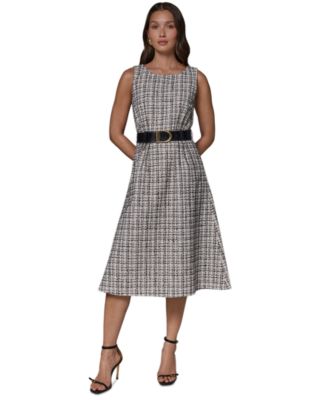 Women's Sleeveless Plaid Tweed Belted A-Line Dress