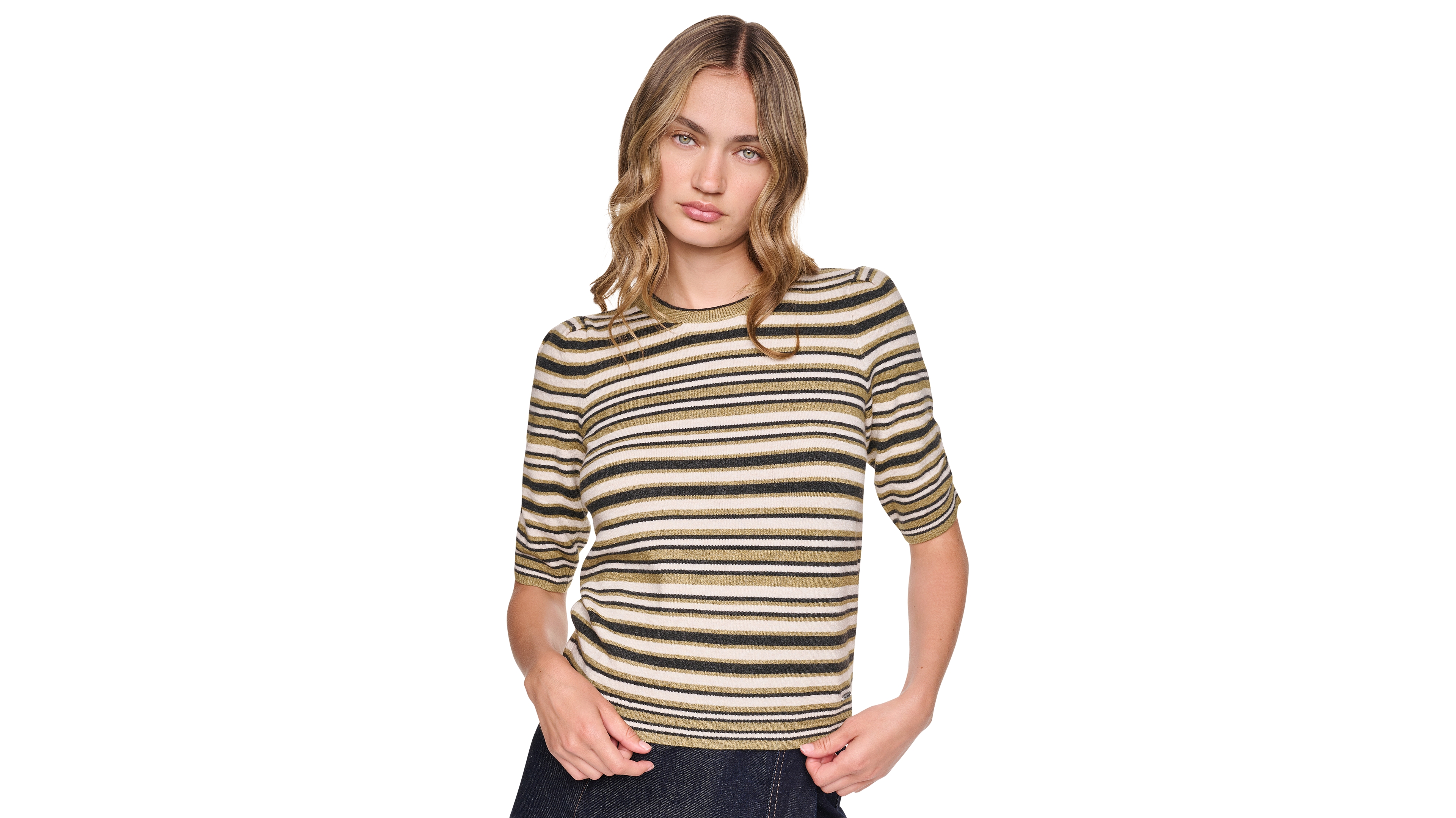 Dkny Jeans Petite Striped Puff-Sleeve Sweater