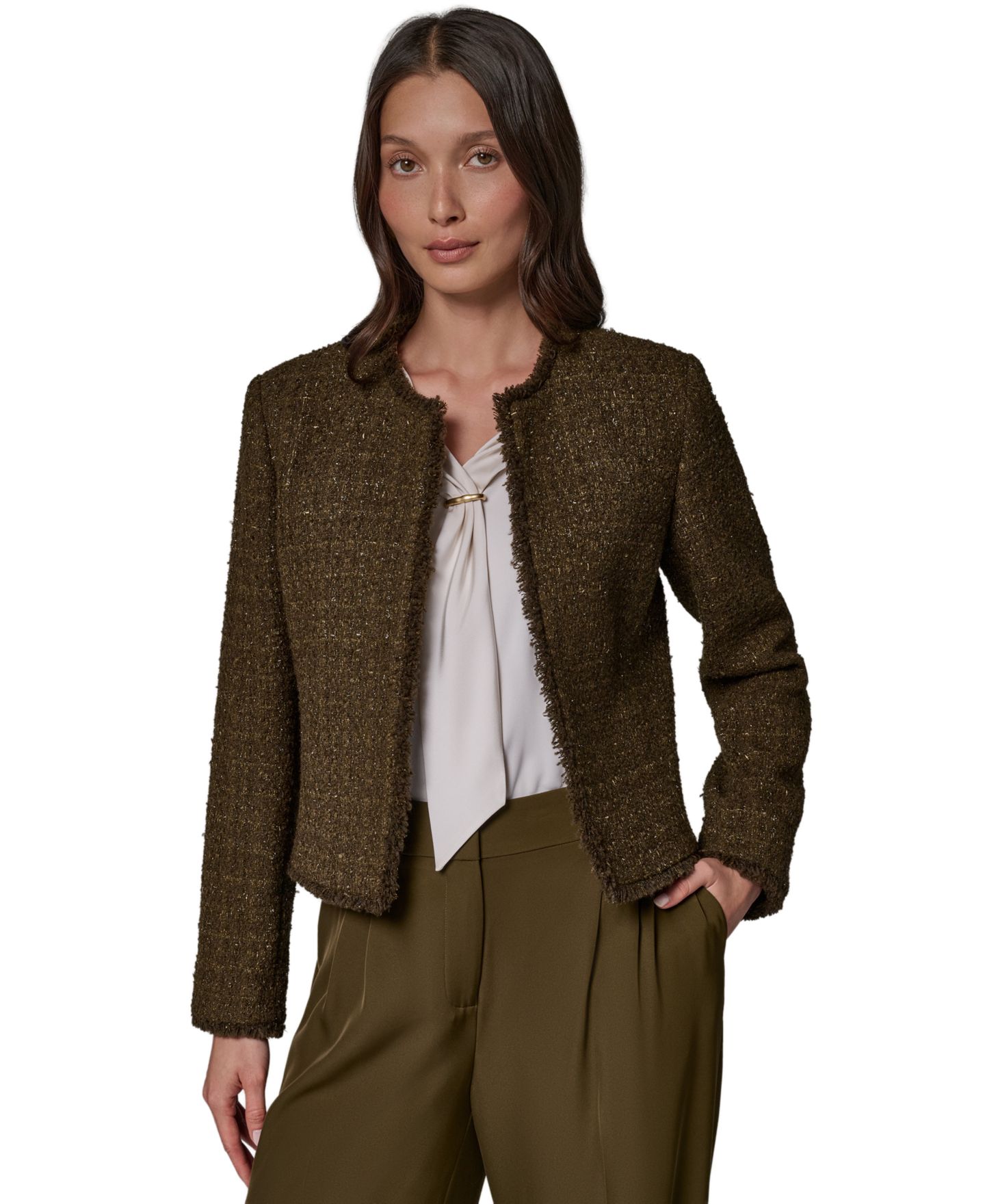Женская куртка Donna Karan New York Open-Front Fring, цвет: Оливковый / Золотой — фото 1