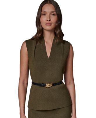Women's Belted V-Neck Sleeveless Blouse