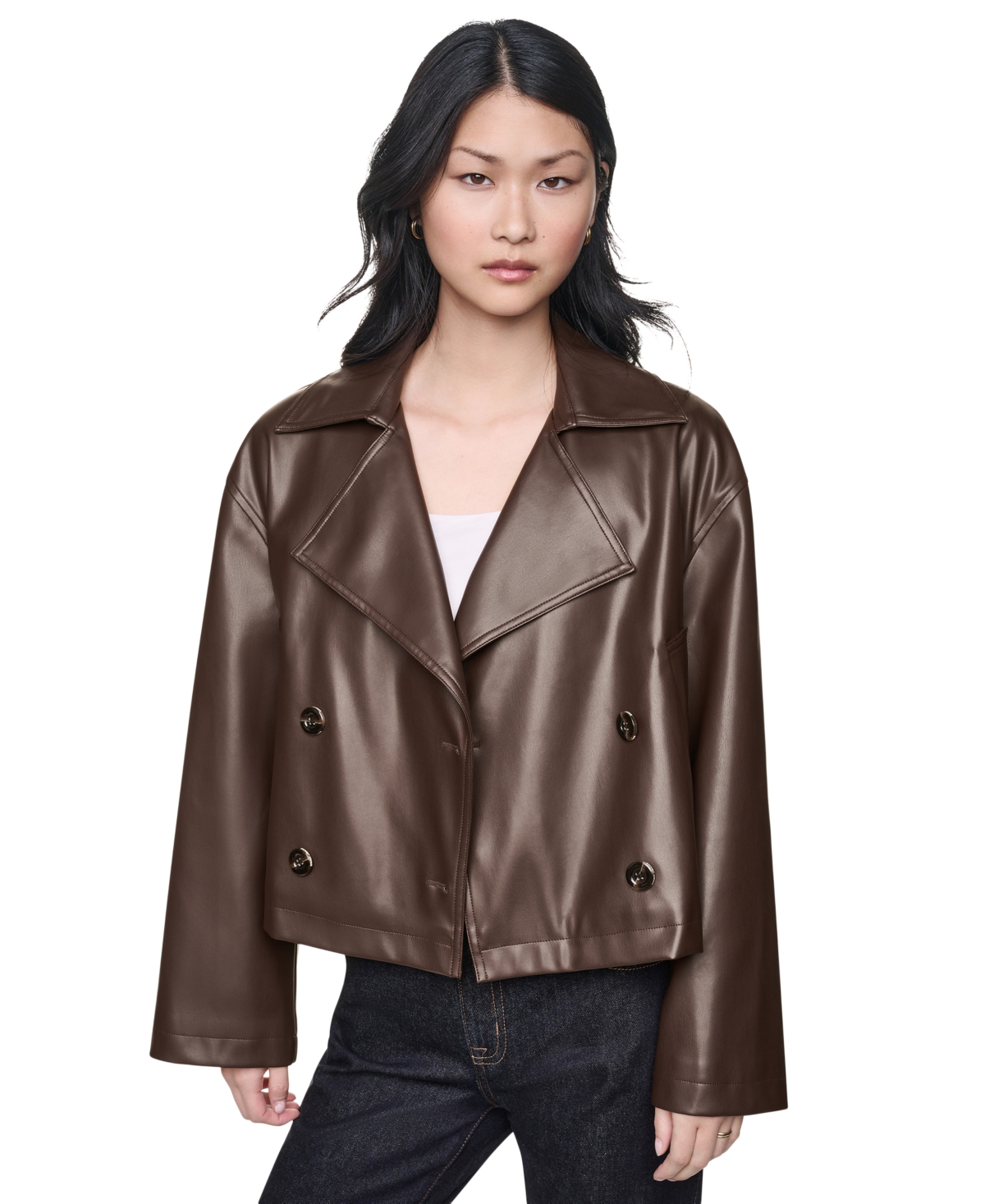 DKNY Women's Double Breasted Faux Leather Jacket in Espresso Size Large