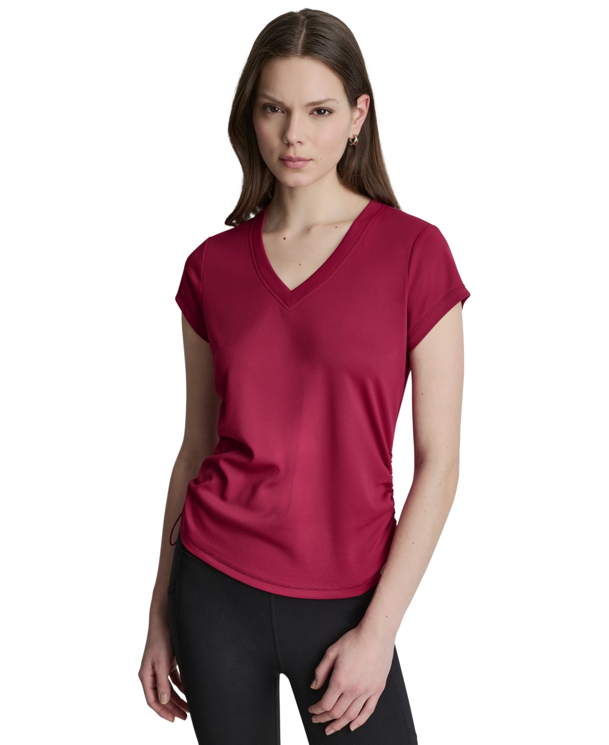Dkny Sport Women's Ruched Side Seams V-Neck Tech T-Shirt