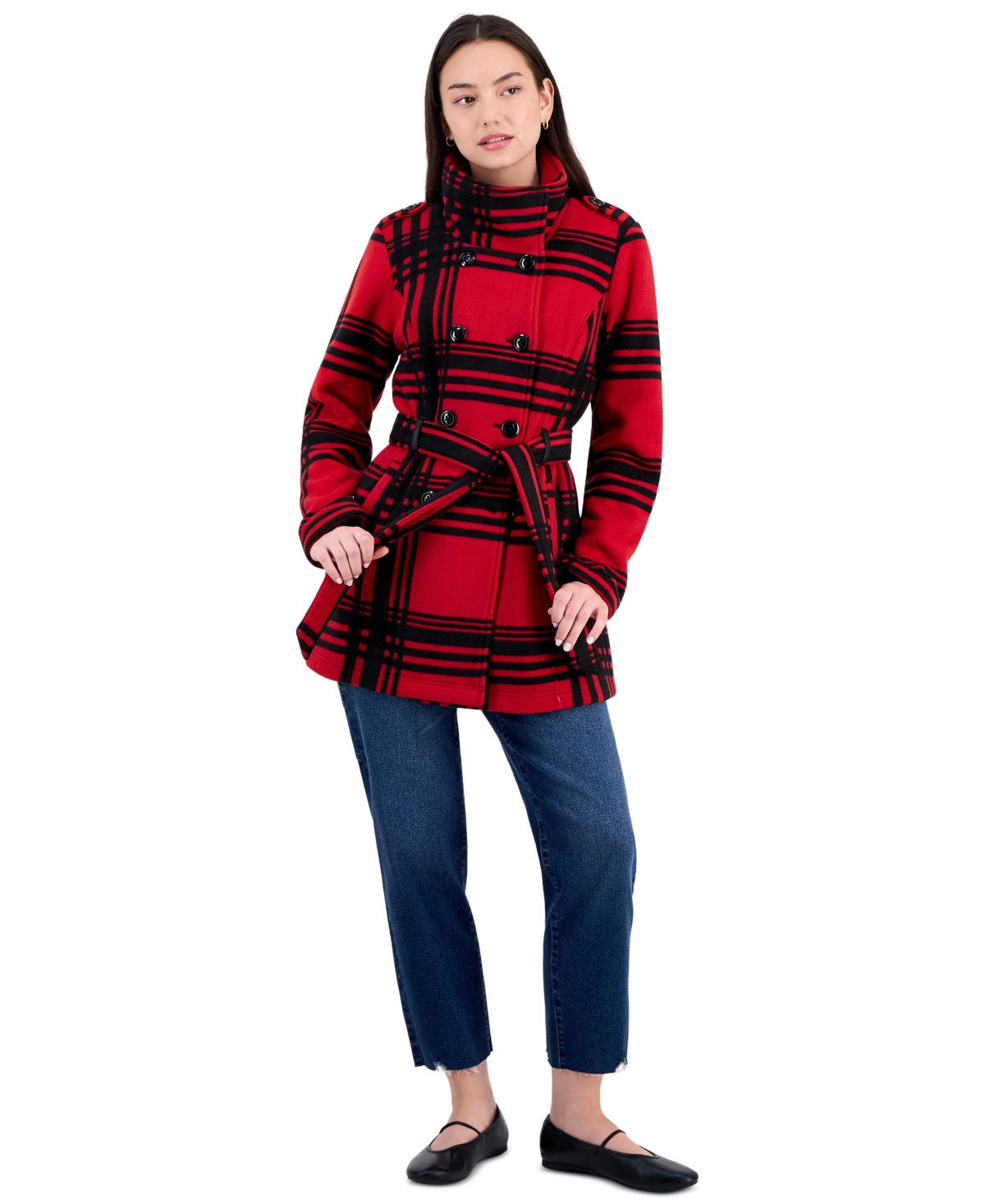 Bcx Women's Plaid Double-Breasted Belted Jacket - Red/Black
