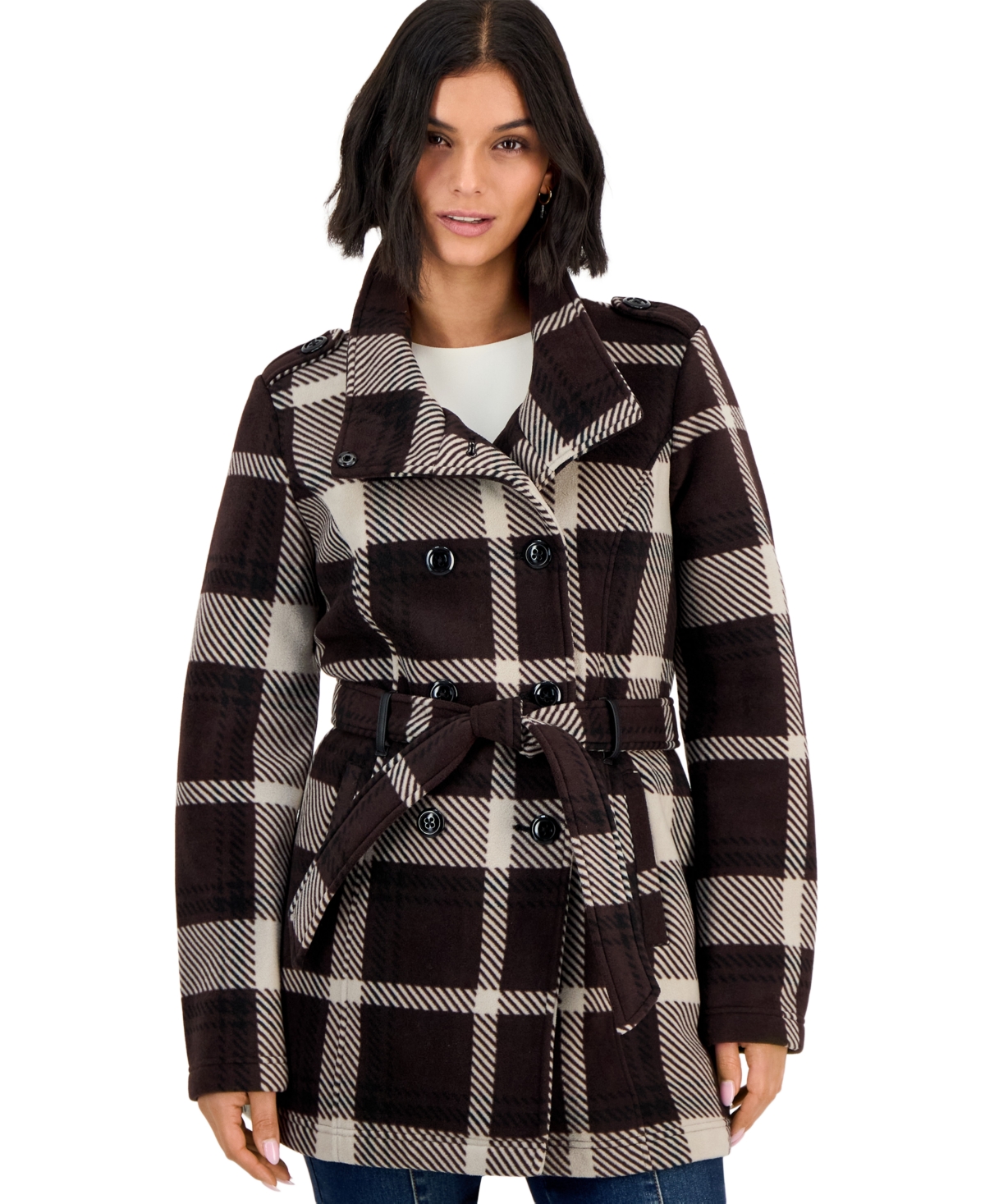 Bcx Women's Plaid Double-breasted Belted Jacket In Brown,beige