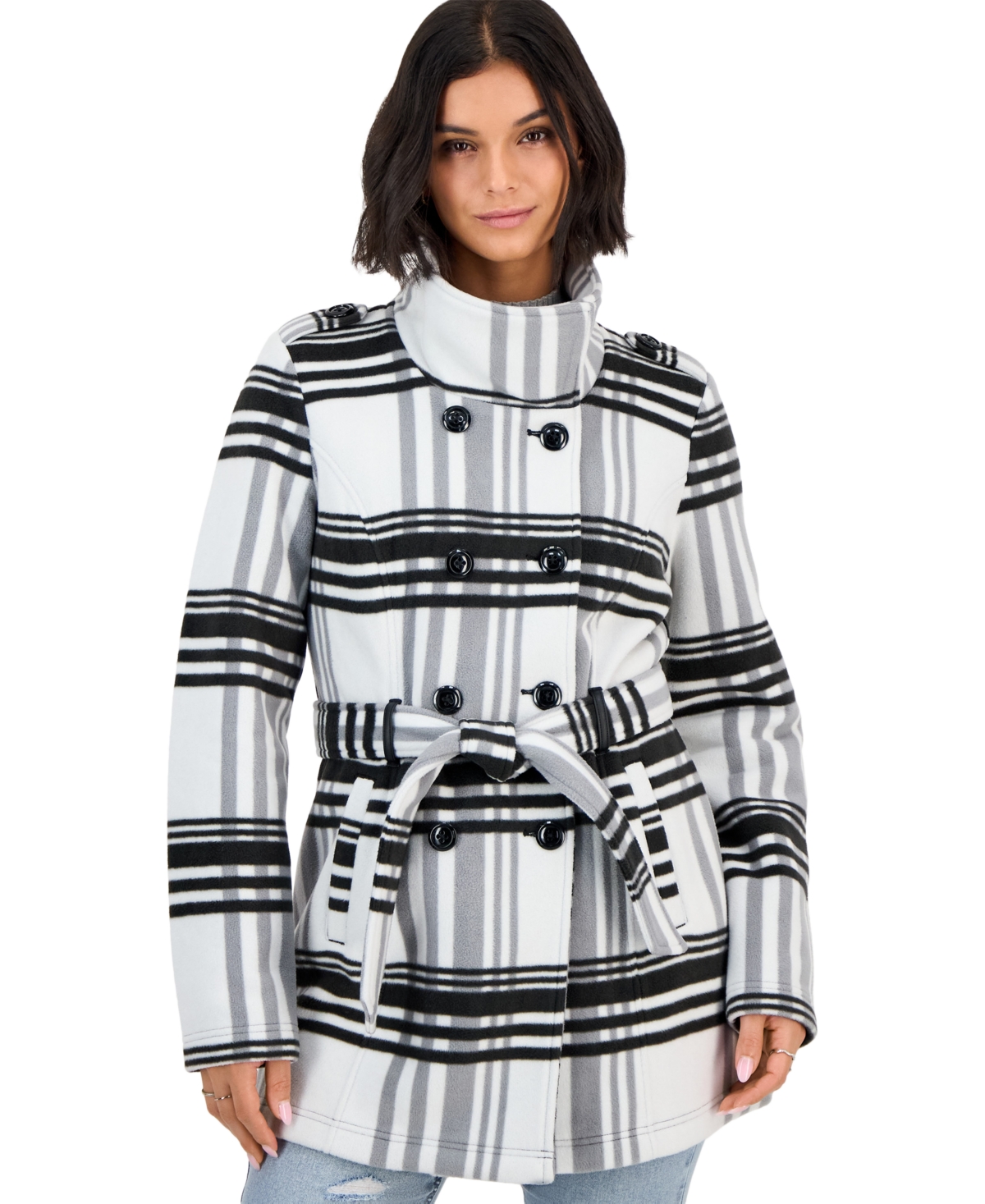 Bcx Women's Plaid Double-breasted Belted Jacket In White,black