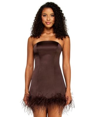 Juniors' Satin Strapless Feather Trim Detail Dress