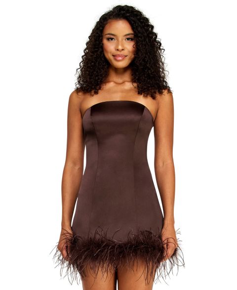 Женское платье Alex & Sophia Juniors' Satin Strapless Faux Feathers Trim Detail, цвет: Шоколадный