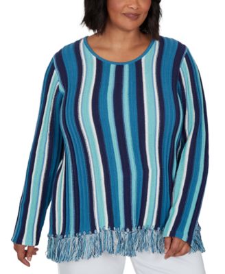 Plus Size Stripe Fringe 3/4-Sleeve Pullover