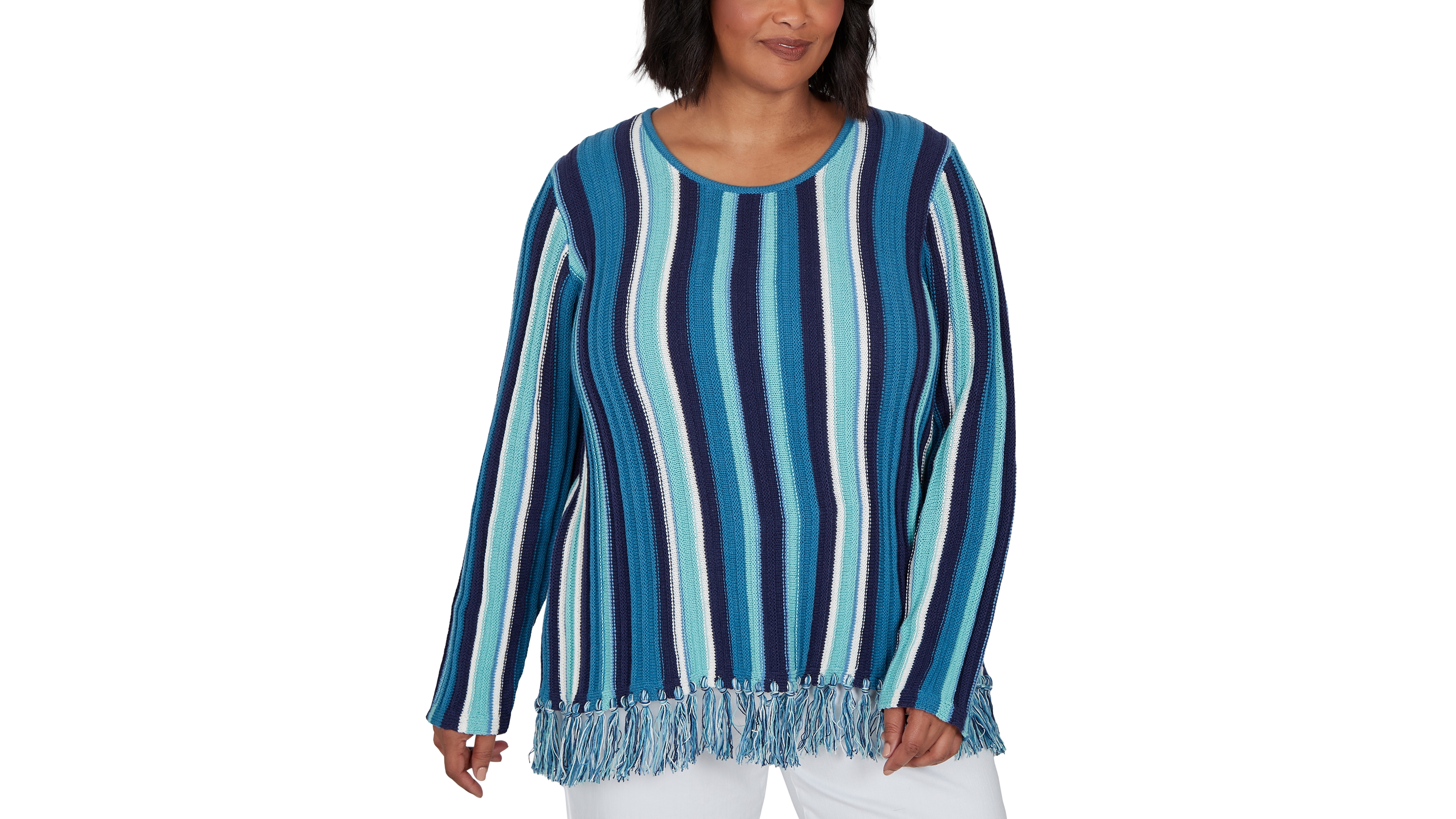 Hearts Of Palm Plus Size Stripe Fringe 3/4-Sleeve Pullover