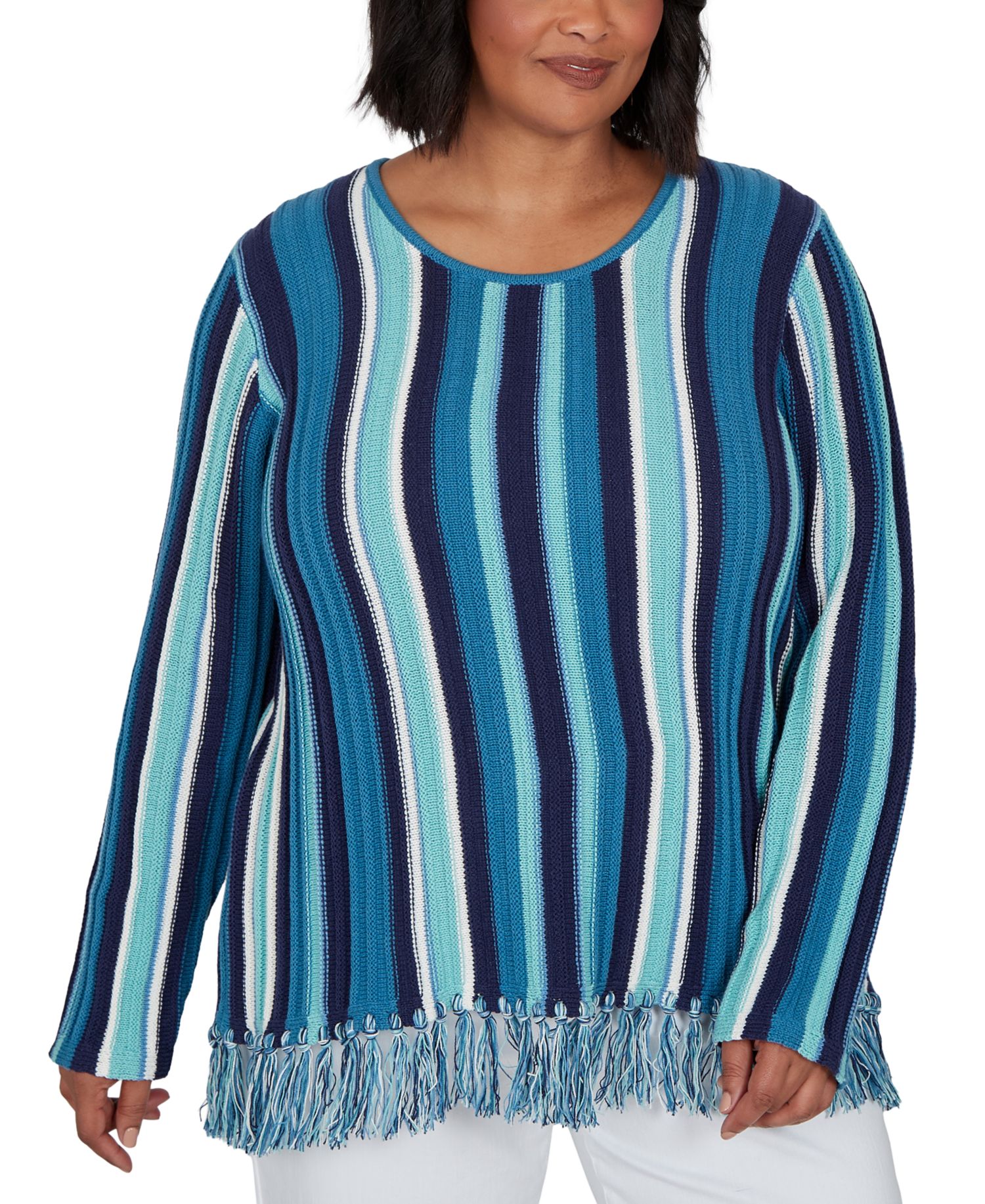 Plus Size Stripe Fringe 3/4-Sleeve Pullover