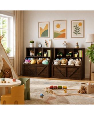 Set of 2 Kids Bookshelf and Toy Storage Organizer, 35.4" Engineered Wood with 3 Cube Shelves and 2 Storage Bins, for Playroom Bedroom Nursery