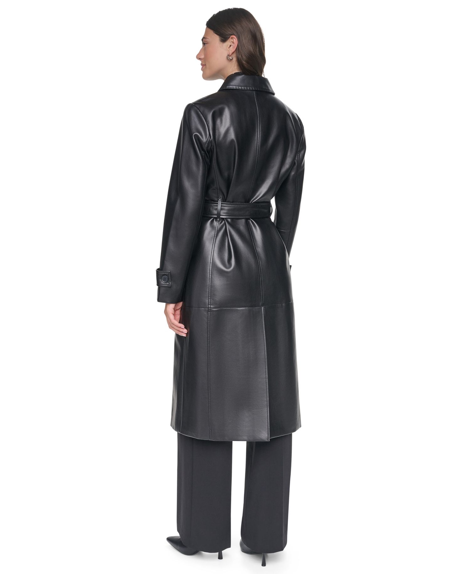 Women's Belted Long Faux Leather Trench Coat