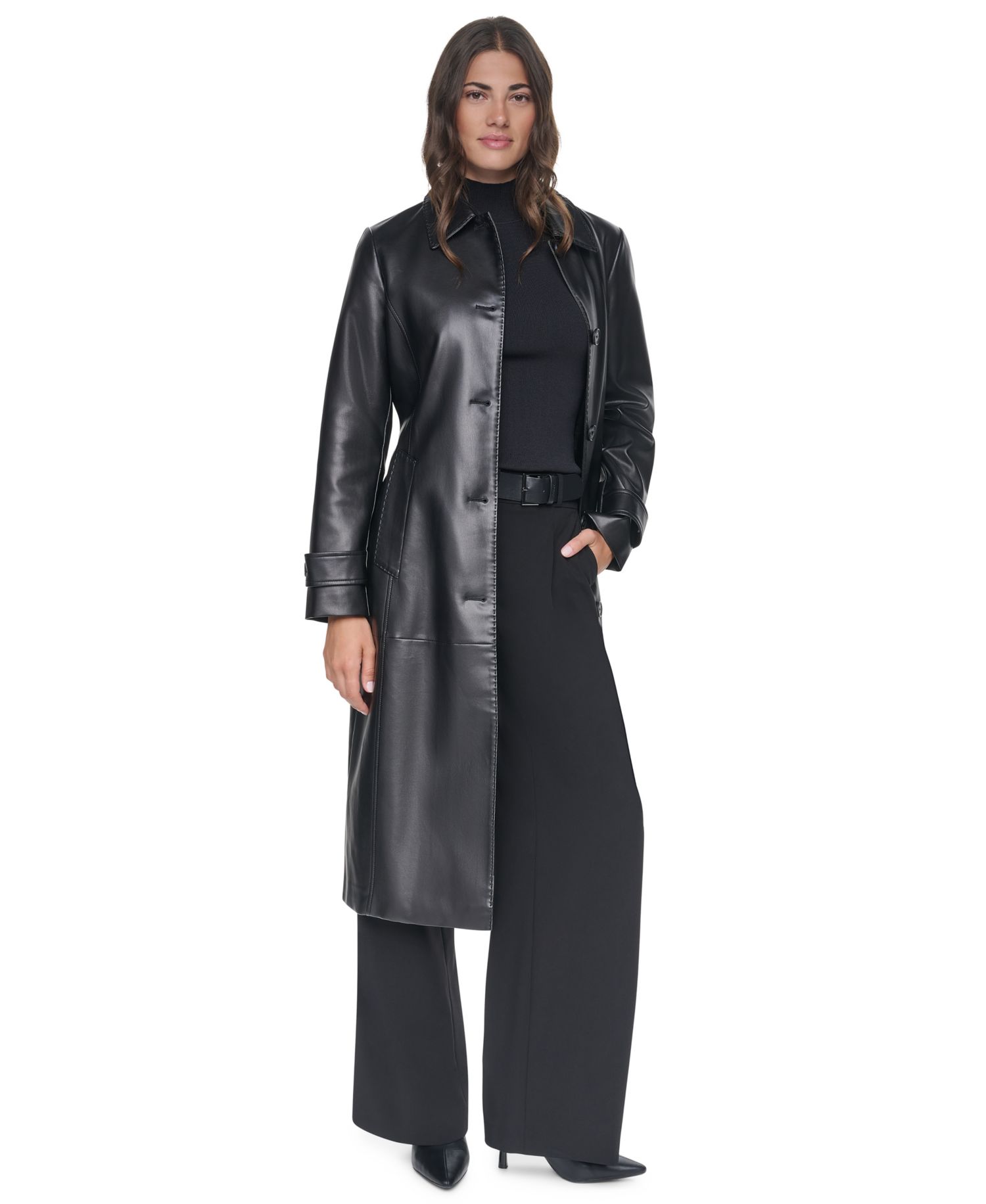 Women's Belted Long Faux Leather Trench Coat