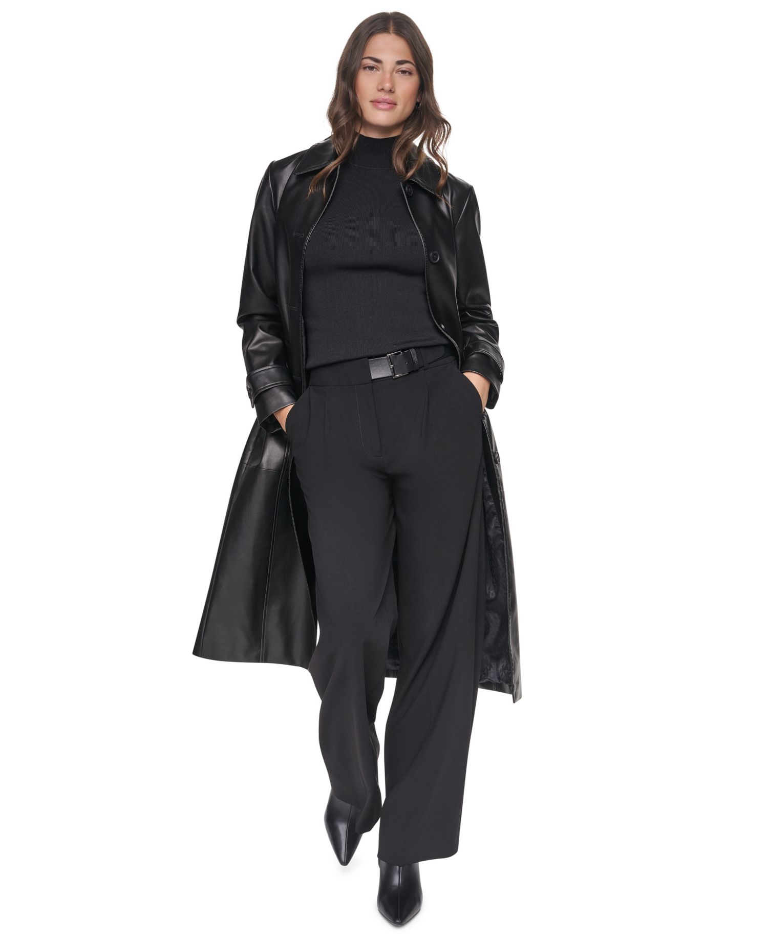 Women's Belted Long Faux Leather Trench Coat
