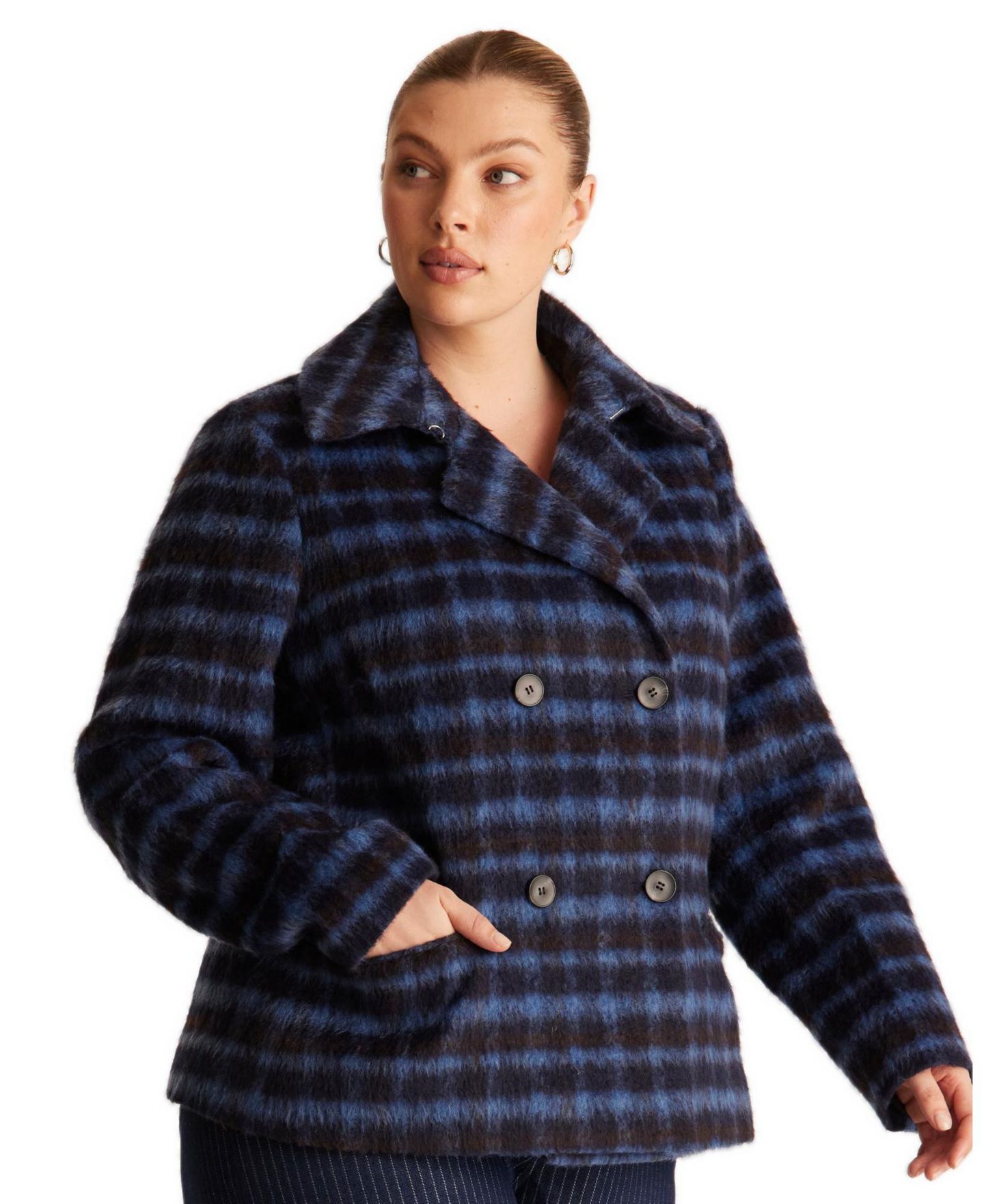 Женское пальто ESTELLE Plus Size Nightfall Double-Breasted Plaid Short, цвет: Тёмно-синий — фото 2