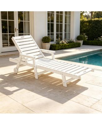 Rolling Patio Lounge Chair, HDPE Poolside Chaise Lounge with 5 Adjustable Backrest, Wheels and Cup Holder, Sunbathing Recliner
