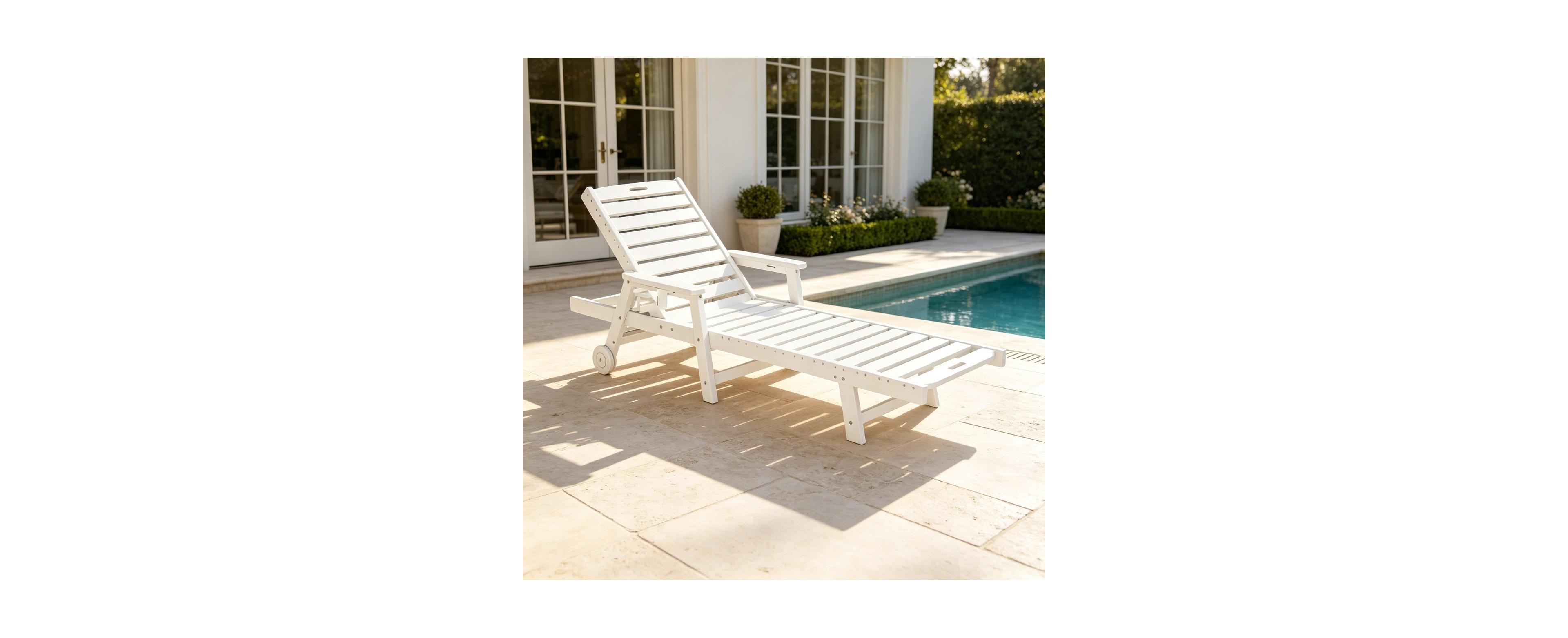 GarveeLife Rolling Patio Lounge Chair, Hdpe Poolside Chaise Lounge with 5 Adjustable Backrest, Wheels and Cup Holder, Sunbathing Recliner