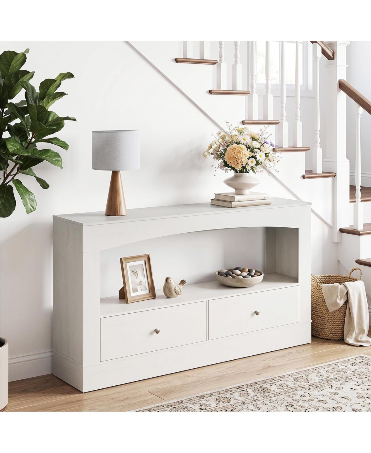 homfan 63" Modern Console Table with 2 Drawers and Open Shelf, Wave Pattern, Narrow Sofa Table
