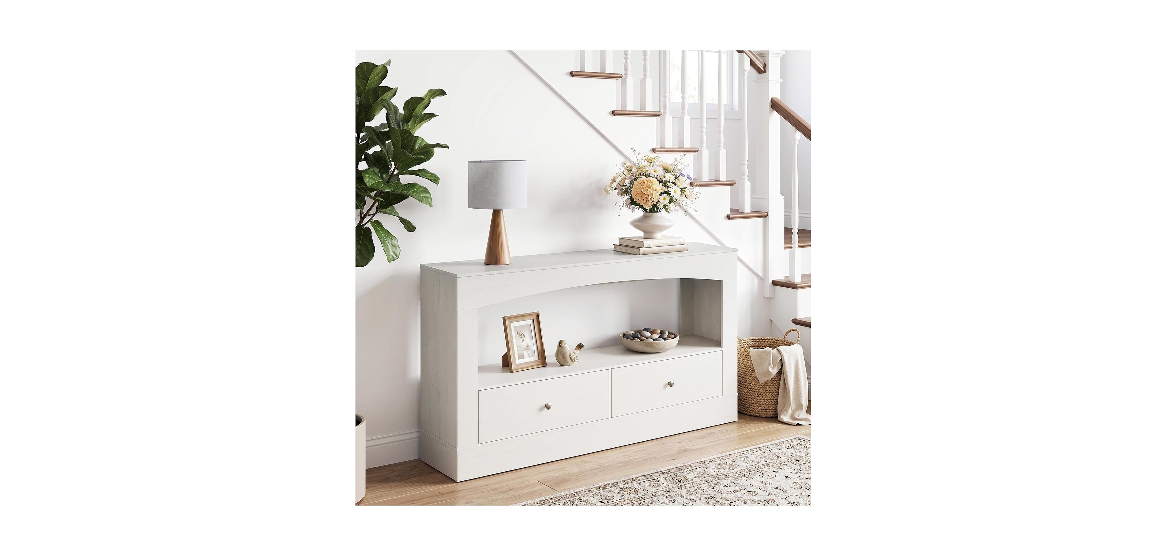 homfan 63" Modern Console Table with 2 Drawers and Open Shelf, Wave Pattern, Narrow Sofa Table