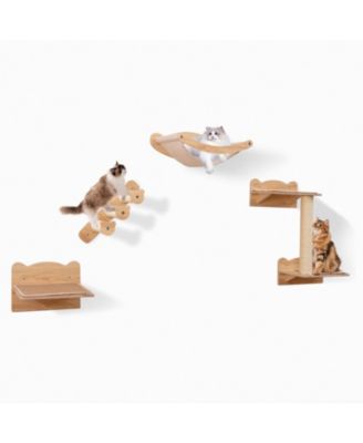 4-Piece Wall-Mounted Cat Shelf Set with Hammock 2-Step Tree Platform and Sisal Stairs