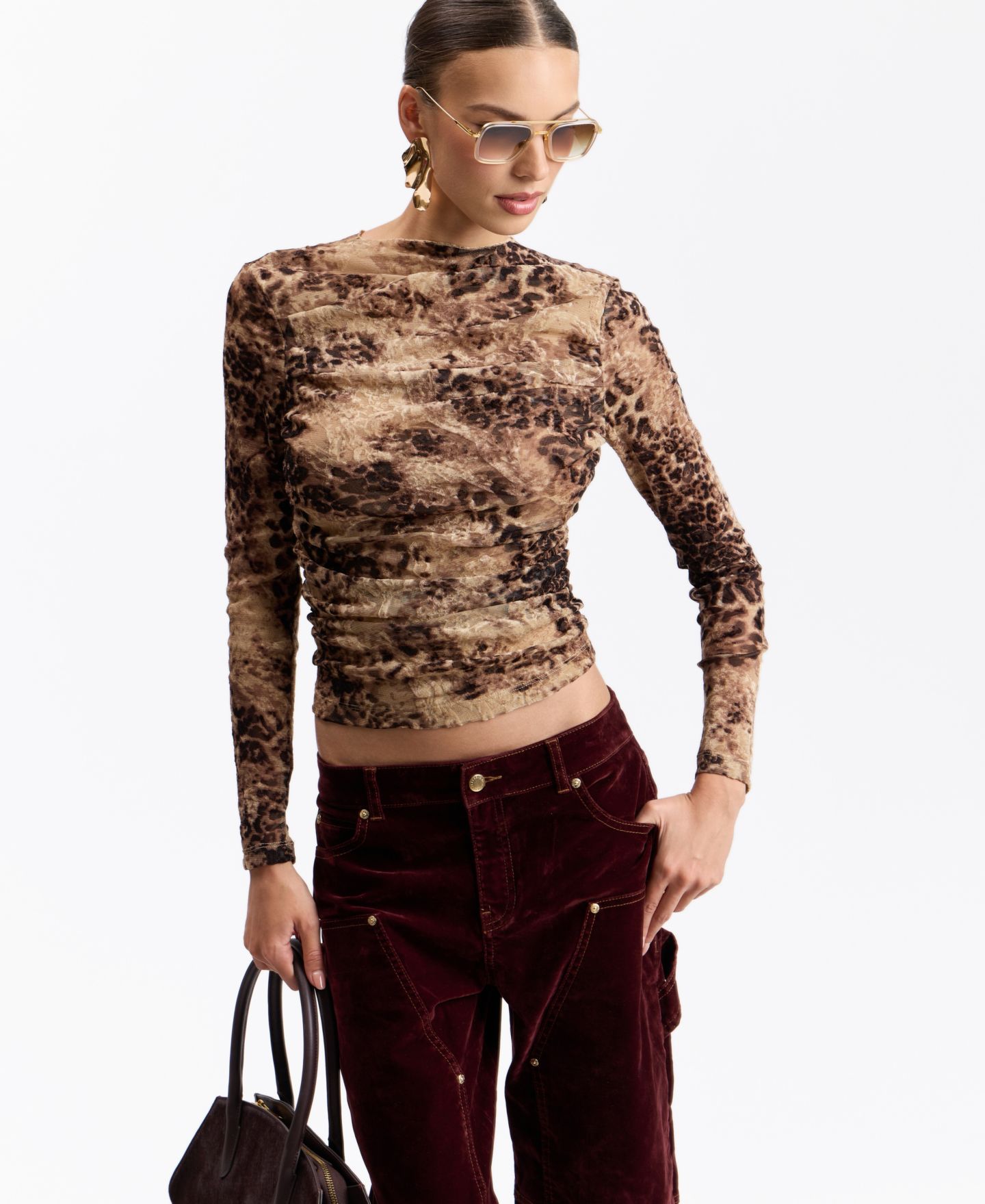 Женская футболка Avec Les Filles Leopard-Print Ruched Long-Sleeve, цвет: Burnout Cheetah — фото 3