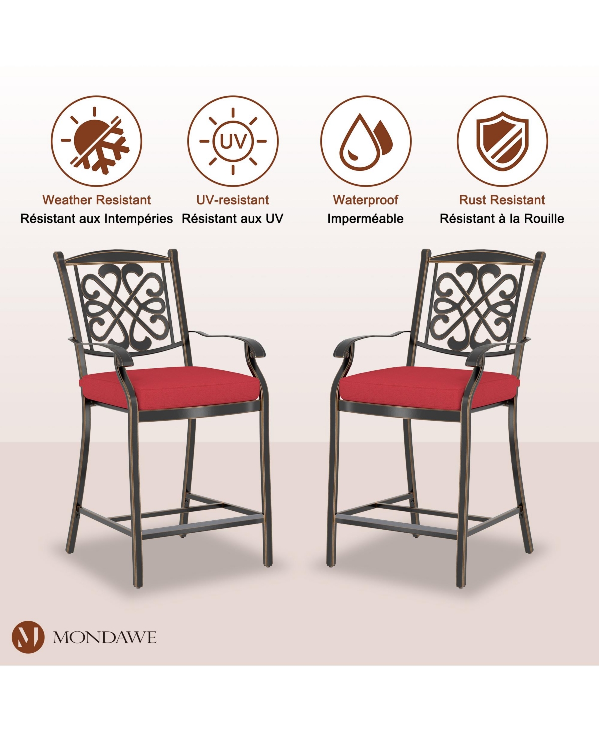 Mondawe 4-Piece Outdoor Bar Stool Set with Decorative Backrests and Red Cushions