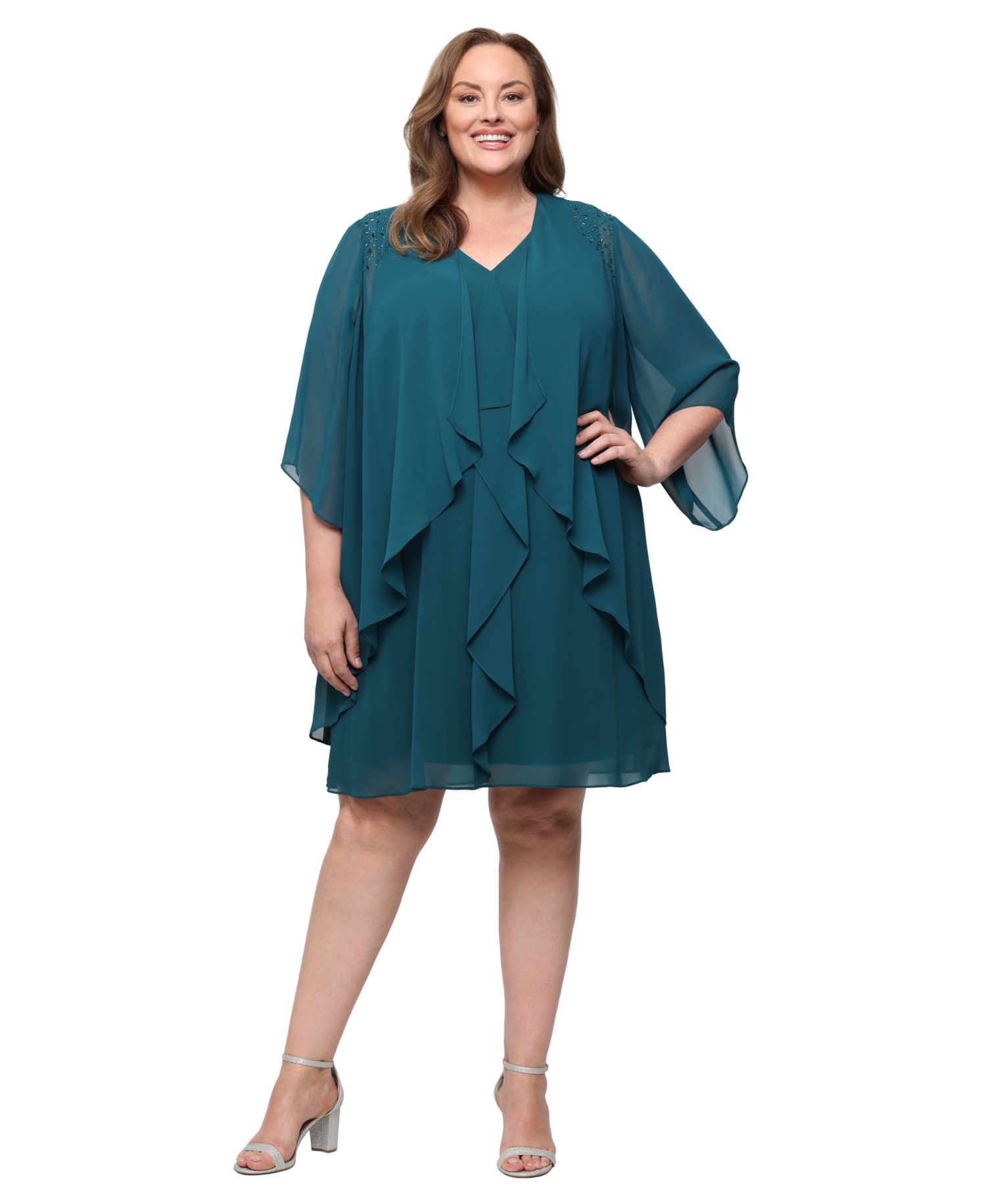 Plus Size V-Neck Beaded-Shoulder Chiffon Dress