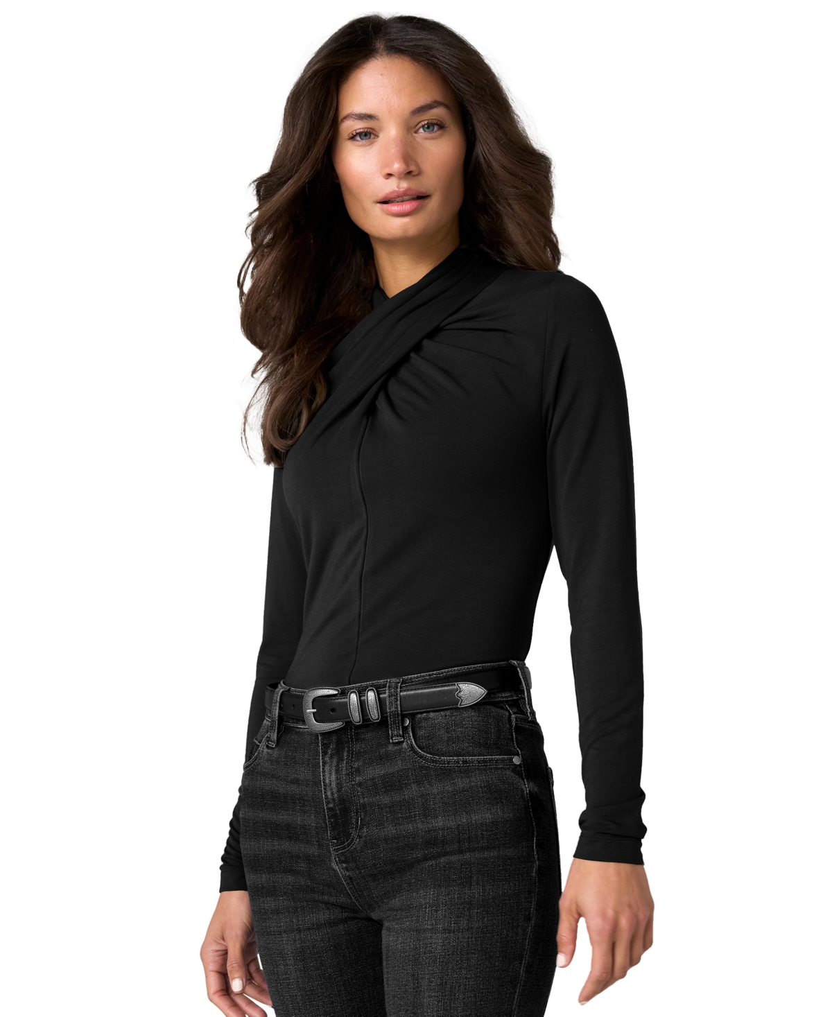 Liverpool Los Angeles Petite Long-Sleeve Wrap-Neck Jersey-Knit Blouse