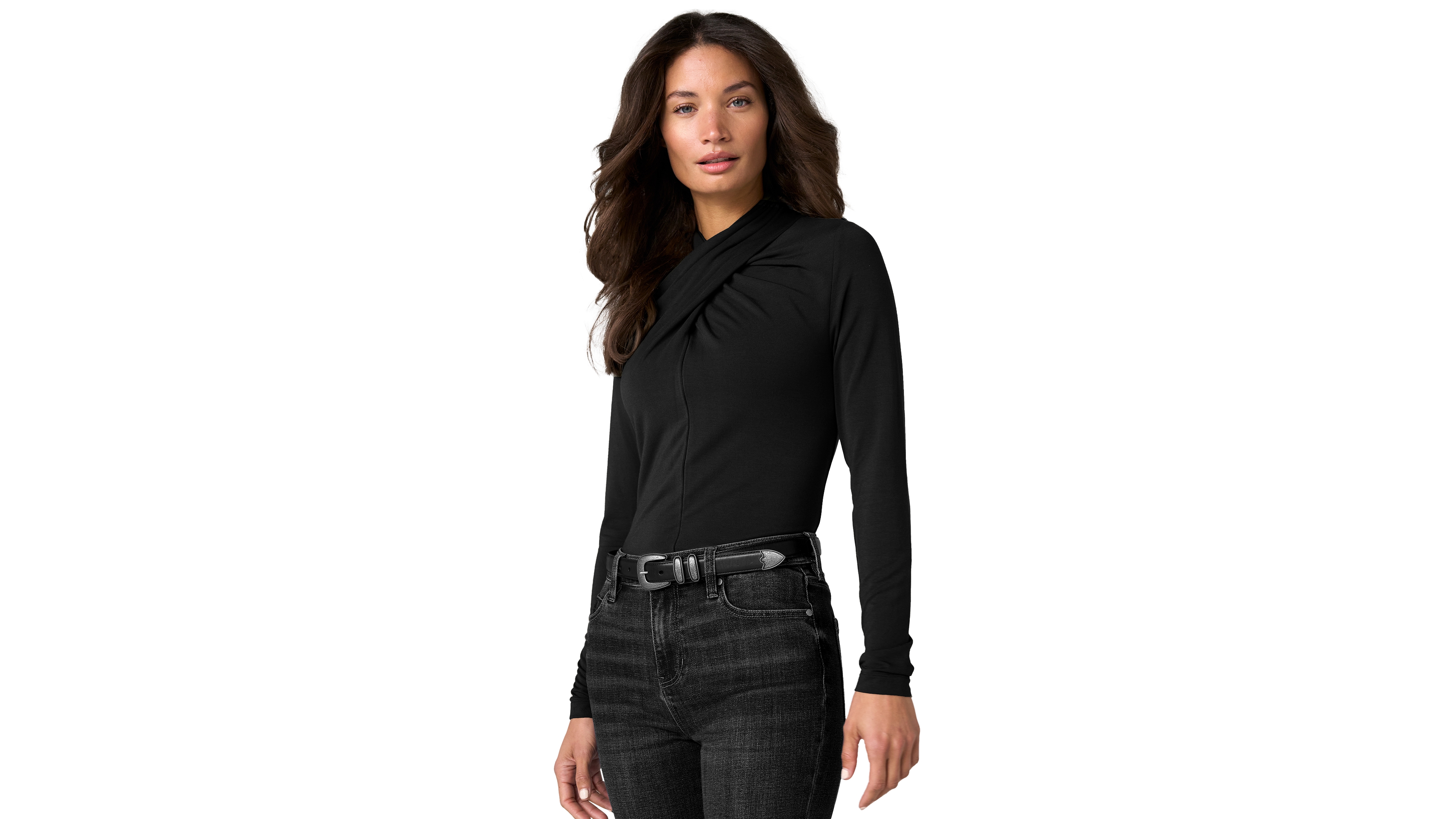 Liverpool Los Angeles Petite Long-Sleeve Wrap-Neck Jersey-Knit Blouse