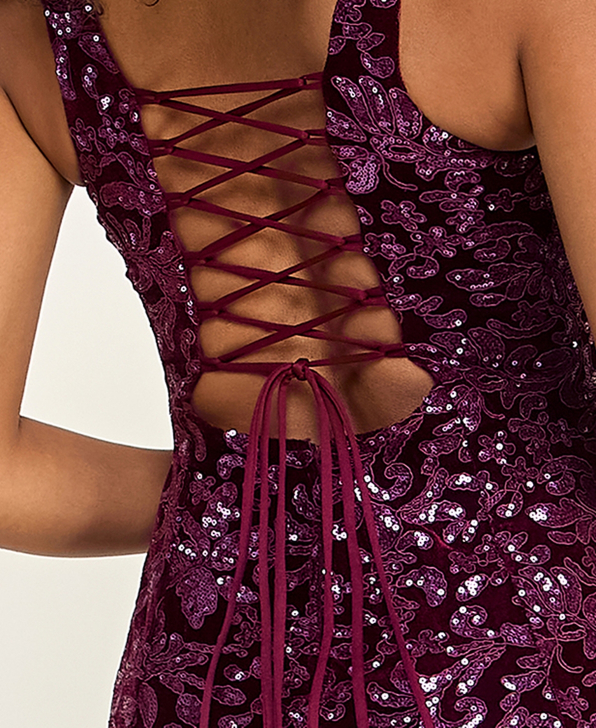 Katia Rae Juniors' Sequined Velvet Lace Up Open-Back Mini Dress