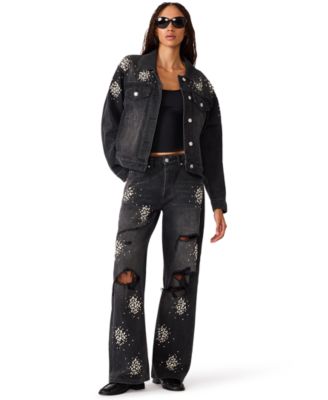Denim Embellished Jacket & High-Rise Wide-Leg Distressed Jeans