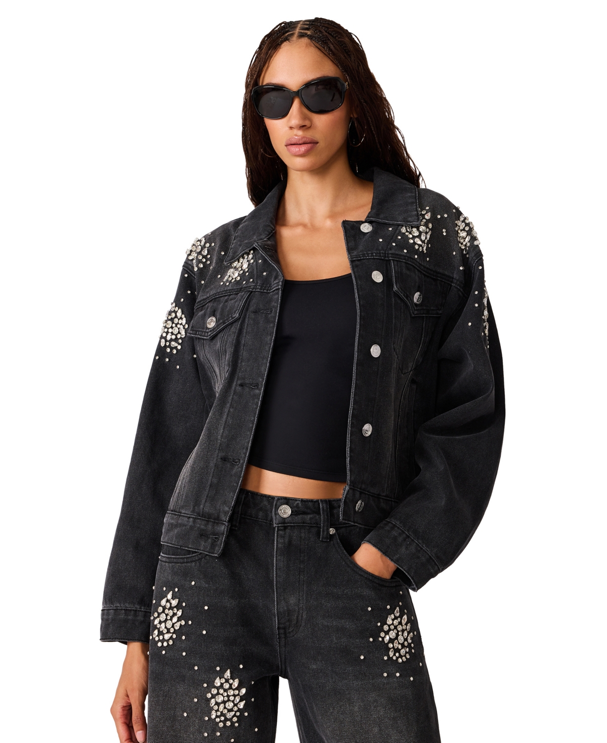 Steve Madden Women's Clarke Denim Cropped Embellished Jacket