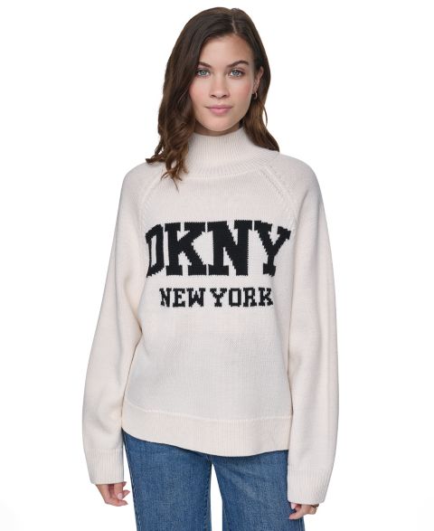 Женский свитер DKNY Jeans Easy Mock-Neck Long-Sleeve Raglan, цвет: Сливочный / Чёрный