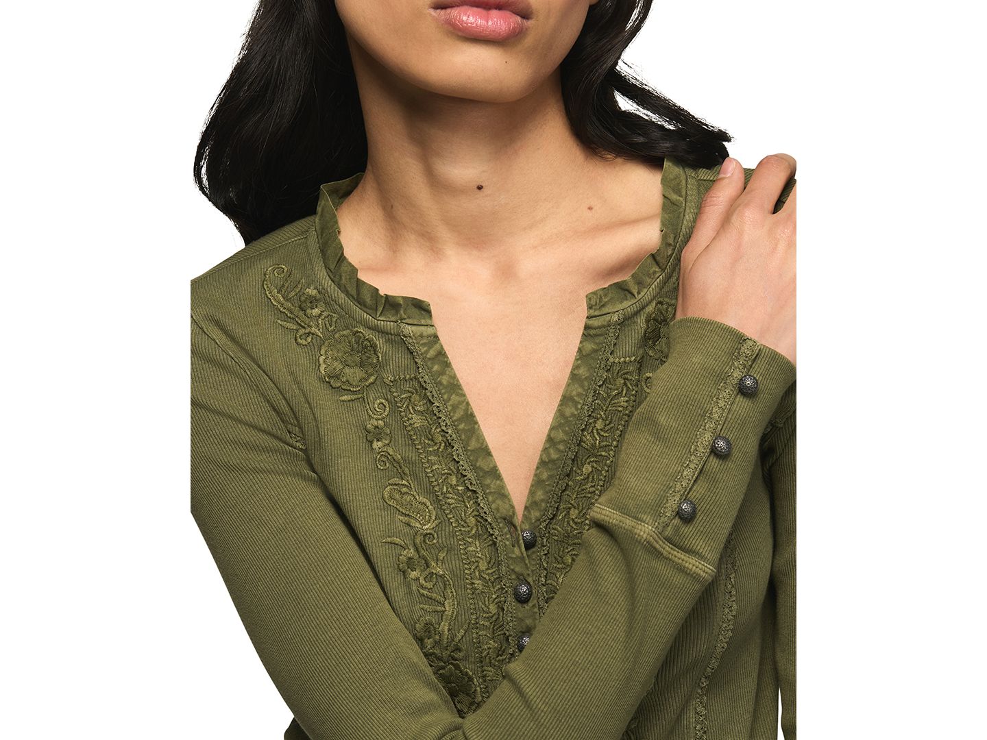 Женский топ Lucky Brand Embroidered V-Neck Long-Sleeve Henley, цвет: Пыльный оливковый — фото 4
