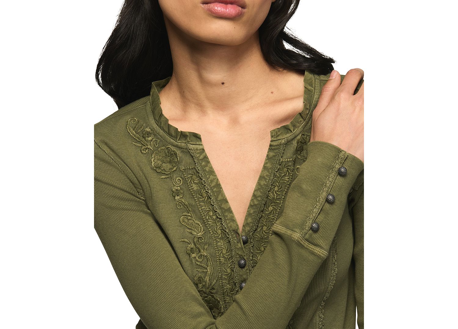 Women's Embroidered V-Neck Long-Sleeve Henley