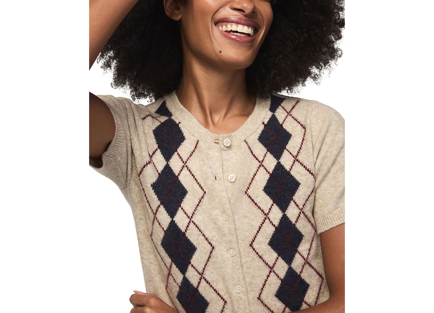 Women's Argyle Crew-Neck Short-Sleeve Cardigan